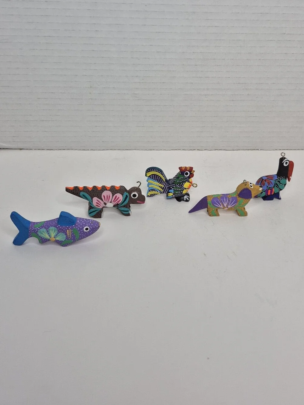 Colorful Handpainted Wood Animal Ornament Lot of Five READ